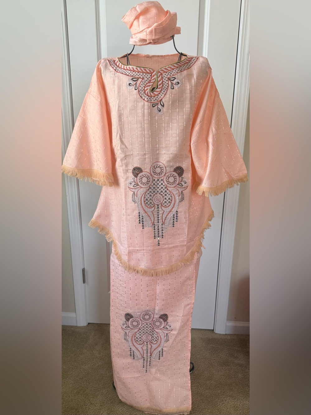 Embroidered Peach African design dress with Fringe Detail